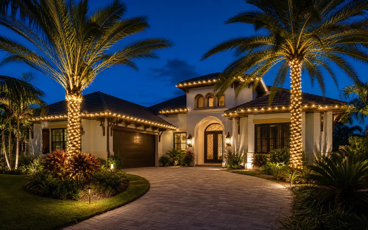 A Florida home professionally outlined with warm white Christmas lights