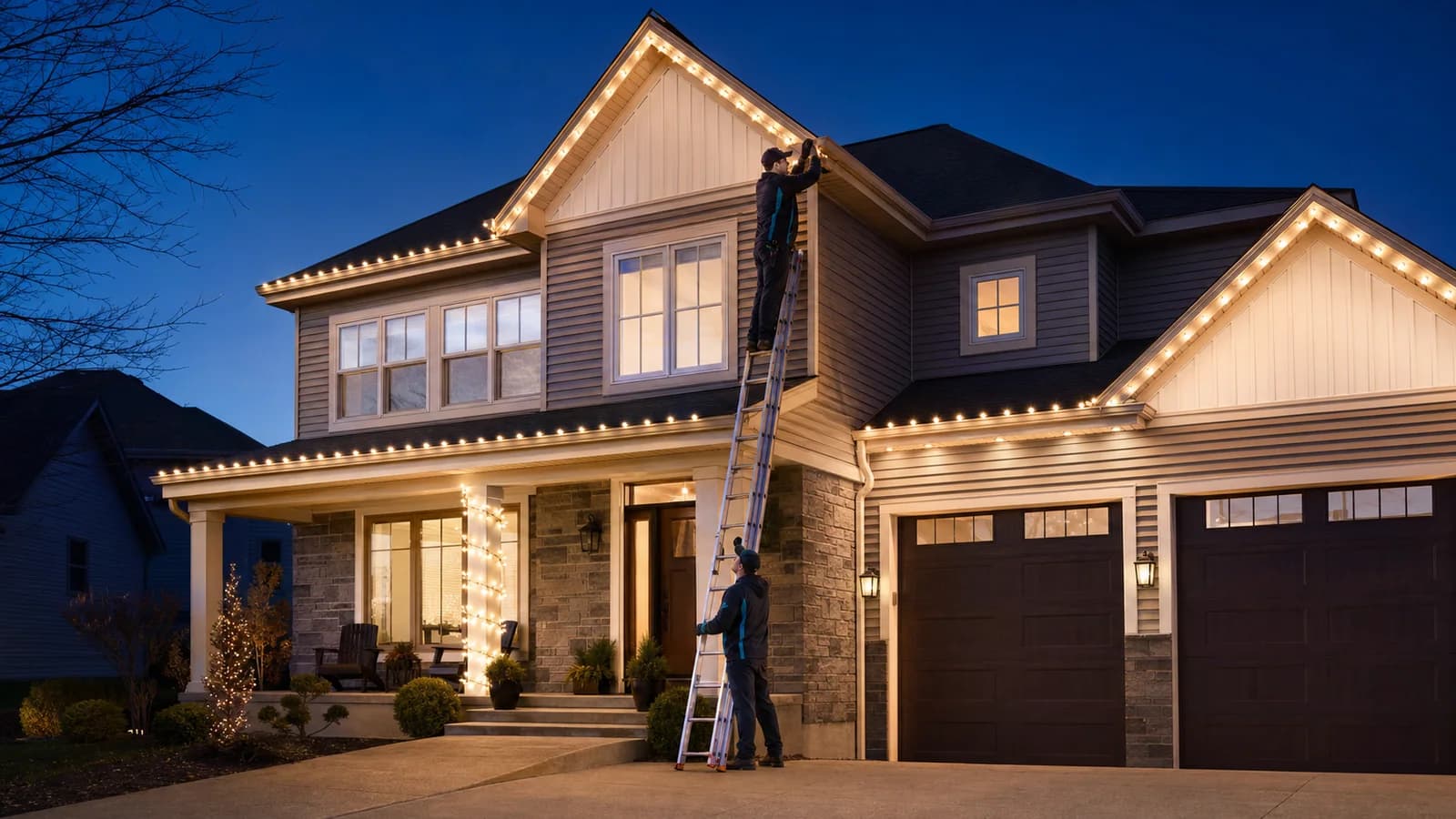 A professional crew installing warm white roofline lights on a home